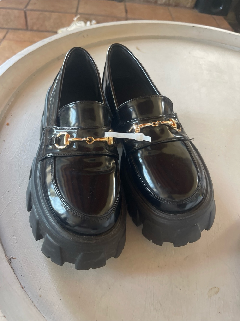 Princess Polly Black Patent Lug-Sole Loafers with Gold Bit